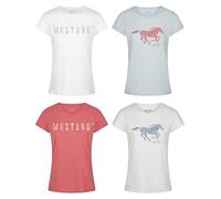 MUSTANG Women's T-Shirt Pack of 4 Slim Fit Crew Neck O-Neck Basic Short Sleeve Logo Print Summer Shirt 100% Cotton White Blue Green Red S M L XL XXL, Colour mix 6, M
