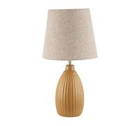 Mustard Ceramic Etched Lined Table Lamp with Natural Oatmeal Linen Fabric Shade | 25cm Height | Inline Switch Button by Happy Homewares