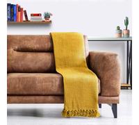 Mustard Chair Cotton Throw for Sofa & Bed - Soft Waffle Blanket, Large Chair Bedspread, Cotton Sofa Throw