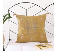Mustard Color Cactus Silk Pillow, Rustic Throw Pillow, Embroidered Cushion Cover, Linen Cushion, Handmade Sabra Moroccan Decor Pillow 20x20