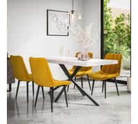 More4Homes Donni Dining Table And Chairs - White Marble Effect Table Top W Black Legs + Nova Velvet Dining Chair Set Of 4 (Mustard)