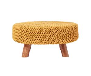 (Mustard) Knitted Cotton Footstool with Wooden Legs Large 62 x 62 x 30 cm