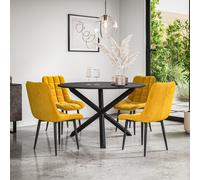 Malvern Round Dining Table And Chairs - Black Table Top w Solid Oak Black Legs + Nova Velvet Dining Chair Set Of 4 More4Homes Mustard One Size