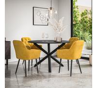 Malvern Round Dining Table And Chairs - Black Table Top w Solid Oak Black Legs + Anika Velvet Dining Chair Set Of 4 More4Homes Mustard One Size