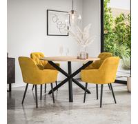 Malvern Round Dining Table And Chairs - Oak Table Top w Solid Oak Black Legs + Anika Velvet Dining Chair Set Of 4 More4Homes Mustard One Size