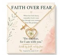 Mustard Seed Necklace for Women Faith Over Fear Cross Inspirational Gift | Mustard seed necklace with floral heart pendant, cross charm, faith over fear meaning, and an inspirational message card