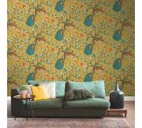 Mustard Tropical Wallpaper Tiger Birds Peacock Trees Floral Exotic Jungle Rasch