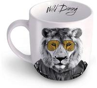 Mustard Wild Dining Larry Lion Ceramic Mug - Pack Of 6 Novelty White Coffee Mugs With Aviator Lion Design, 11.5 X 9.7 Cm
