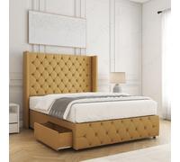 (Mustard (without Mattress), 4ft Small Double) Ruby Divan Double Bed Frame with Mattress Included Plush 54inch Wingback Chesterfield Headboard 2 Storage Drawers Footend Side