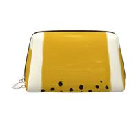 Mustard Yellow and Black Print Leather Cosmetic Pouch, Leather Makeup Bag for Purse with Top Zip Closure Stylish Toiletry Bag