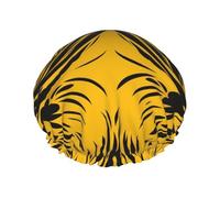 Mustard Yellow and Black Shower Cap for Women Men Large Reusable Shower Bonnet Double-Layer Waterproof Bath Caps Elastic Band Hair Hat for All Hairstyles, Travel-Friendly Color686