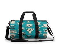 Mustard Yellow And Brown Gym Bag Small Travel Duffle Bag with Compartment Carry On Weekender Bag for Women Men, Retro Tea Cup, 17.7in/9in/9in