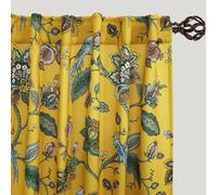 Mustard Yellow Bird Curtains,Colorful Fun Boho Curtain for Living Room,Retro Pretty Blackout with Blue Floral Design Patterned Vintage Cottage Core Mid Century Modern Curtain for Bedroom 84 Inch Long