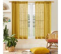 Mustard Yellow Curtains 48 Inch Length for Kitchen Window 2 Panels Set,Small Short Faux Linen Semi Sheer Light Gold Curtains for Bathroom Spring Decor