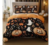 Mustard Yellow Easy Care Printed Duvet Cover Set,Halloween Ghosts Pumpkins Leaves Comforter Hypoallergenic Reversible Bedding Bed Sets With 2 Pillowcases - 135 x 200 cm Microfiber Bedding Set