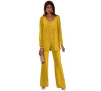 Mustard Yellow Mother of The Bride Outfits Chiffon Womens Trouser Suits for Wedding Guest 3 Pieces Sequins Floaty Trouser Suits Size 30