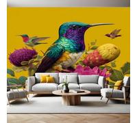Mustard Yellow Photo Wallpaper 3D Effect Flowers and Hummingbirds Mural Wallpaper Non-Woven Wall Mural, 350 x 256 cm Large Murals Wall Decor for Bedroom, Living Room, Kids Room