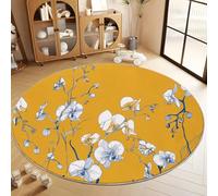 Mustard Yellow Round Children's Carpet,120 cm Soft Traditional Rural Pastoral Orchid Rug - Machine Washable Non-Slip Floor Circle Mats for Living Room Boys Girls Bedroom Playroom