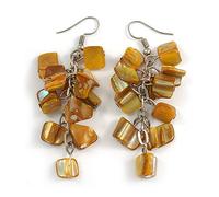Mustard Yellow Shell Composite Cluster Dangle Earrings in Silver Tone - 70mm L