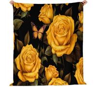 Mustard Yellow Soft Flannel Fleece Throw Blanket - Watercolor Floral Elements Rose Illustration Printed Lightweight Skin-Friendly Anti-Pilling Blanket for Chair All Seasons Adults Kids, 180 x 200 cm