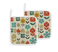 Mustard Yellow Vintage Pot Holder Set of 2 Kitchen Heat Resistant Thickened Hot Pads with Loop Waterproof Durable Potholders for Microwave Cooking Baking Oven BBQ 8 X 8 Inch