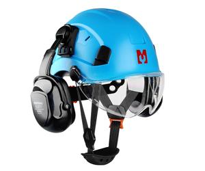 Mustbau Construction Hard Hats Ventilated Safety Helmet with Clear Visor,Hearing Protection,Earmuffs and Chin Strap,53 to 63 cm Adjustable Hard Hat for Forestry, Chainsaw, Industrial