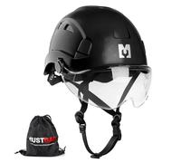 MUSTBAU Safety Helmet with Visor, EN 12492 Ventilated Hard Hat Work at Height, Scaffolding Helmet with Chin Strap & Reflective Strips for Construction, Climbing, Forestry 53-63 cm (Black)