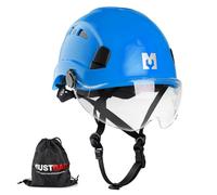 MUSTBAU Safety Helmet with Visor, EN 12492 Ventilated Hard Hat Work at Height, Scaffolding Helmet with Chin Strap & Reflective Strips for Construction, Climbing, Forestry 53-63 cm (Blue)