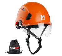 MUSTBAU Safety Helmet with Visor, EN 12492 Ventilated Hard Hat Work at Height, Scaffolding Helmet with Chin Strap & Reflective Strips for Construction, Climbing, Forestry 53-63 cm (Orange)