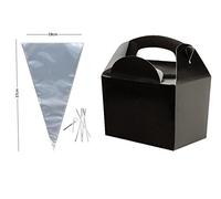 MustBeBonkers x10 Birthday Party Food Plate Boxes With Clear Sweet Cone Bags And Tie (Black)