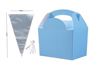 MustBeBonkers x10 Birthday Party Food Plate Boxes With Clear Sweet Cone Bags And Tie (Light Blue)