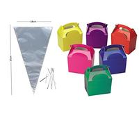 MustBeBonkers x10 Birthday Party Food Plate Boxes With Clear Sweet Cone Bags And Tie (Mixture)