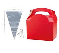 MustBeBonkers x10 Birthday Party Food Plate Boxes With Clear Sweet Cone Bags And Tie (Red)