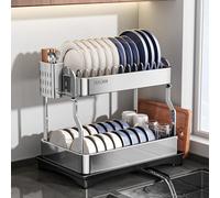 Mustorn Dish Drainer Rack, 2 Tier Draining Board Rack Space Saving Stainless Steel Dish Rack for Kitchen Countertop Large Capacity Sink Washing Up Rack with Utensil Drainer and Chopping Board Holder