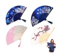 MustuVerve 4Pcs Folding Fans, Handheld Bamboo Silk Fabric Folding Hand Fans with Tassel Retro Pattern Chinese Japanese handheld for Women Girls Dancing Props Party Event Wedding Souvenir Gifts