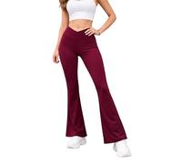 Mustwearit Women’s Flared Yoga Pants High Waisted Bootcut Leggings with Hidden Back Pocket - Shiny Wine Stretch Gym Wide Flared Leggs Trousers for Yoga, Lounge & Everyday Wear