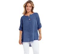 Mustwearit Womens Tops Summer 3/4 Length Sleeves Turnup Linen Italian Cotton One Button Front Casual Wear New Ladies T Shirts Size 8 10 12 14 16 Navy