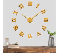 Mute DIY Frameless Large Wall Clock Roman Numerals 3D Mirror Sticker Home Office Decorations (Gold)