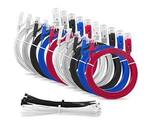 MutecPower Multi Cable SLIM FLAT 0.5m Cat6 RJ45 Ethernet Network Patch Lan cable - Multi Coloured 10 Pack - 0.5 meter + 15 Cable ties