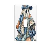 Muted Denim Halloween Ghost Pumpkin Bucket Light Switch Cover Decorative Single Toggle 1 Gang Wall Plate for Kitchen Farmhouse Bedroom Bathroom Art Decor