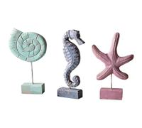 Muteitt 3 Pcs Wood Handmade Beach Nautical Style Figurines Starfish Conch Seahorse Statue Crafts Desktop Ornament Beach Coastal Home Decor