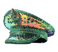 Muteitt Sequins Sergeant Hat Rhinestones Military Hat Burning Green Captain Cap Night Club Captain Hat Festival Party Hat