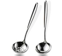 MUTEX 8 Inch Gravy Ladle and Slotted Spoon Set, Premium 18/10 Stainless Steel, Mirror Finish, Dishwasher Safe, Modern Style 2 Serving Utensils