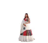 MUTILA Women's Navratri Cotton Lehenga Choli Set | Fully Stitched | Multi-Color | 6 Meter Flair | With Dupatta (WHITE, XS)