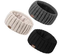 MUTKIS Winter Headbands for Women 3 Pack, Ear Warmers for Women Headband Wool Knit Thick Fleece Lined, Cold Weather Warm Ear Muffs, Black&Beige&Dark Gray, 1 Count (Pack of 3)