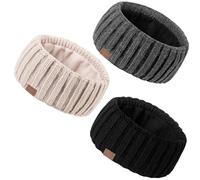 MUTKIS Winter Headbands for Women 3 Pack, Ear Warmers for Women Headband Wool Knit Thick Fleece Lined, Cold Weather Warm Ear Muffs(Black&Beige&Dark Gray)-001