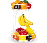 Mutool 2-Tier Fruit Basket and Vegetable Bowl with Banana Hanger - Metal Kitchen Countertop Storage Bowl for Snacks, Cupcakes (White)