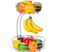 Mutool 2-Tier Fruit Basket, Detachable Countertop Fruit Rack with Banana Hanger, Kitchen Wire Fruit Vegetables Bowls, Metal Basket Storage Holder for Fruits Veg Bread Snacks (Silver)