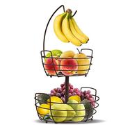 Mutool 2 Tier Fruit Basket, Fruit Bowl with Banana Hanger, Kitchen Countertop Fruit Rack, Metal Fruit Vegetables Bowls, Portable & Detachable Fruit Vegetable Storage Holder - Bronze