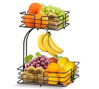 Mutool 2-Tier Fruit Basket With Banana Hanger - Detachable Countertop Rack, Kitchen Wire Vegetables Bowls, Metal Storage Holder for Veg, Bread, Snacks (Black)